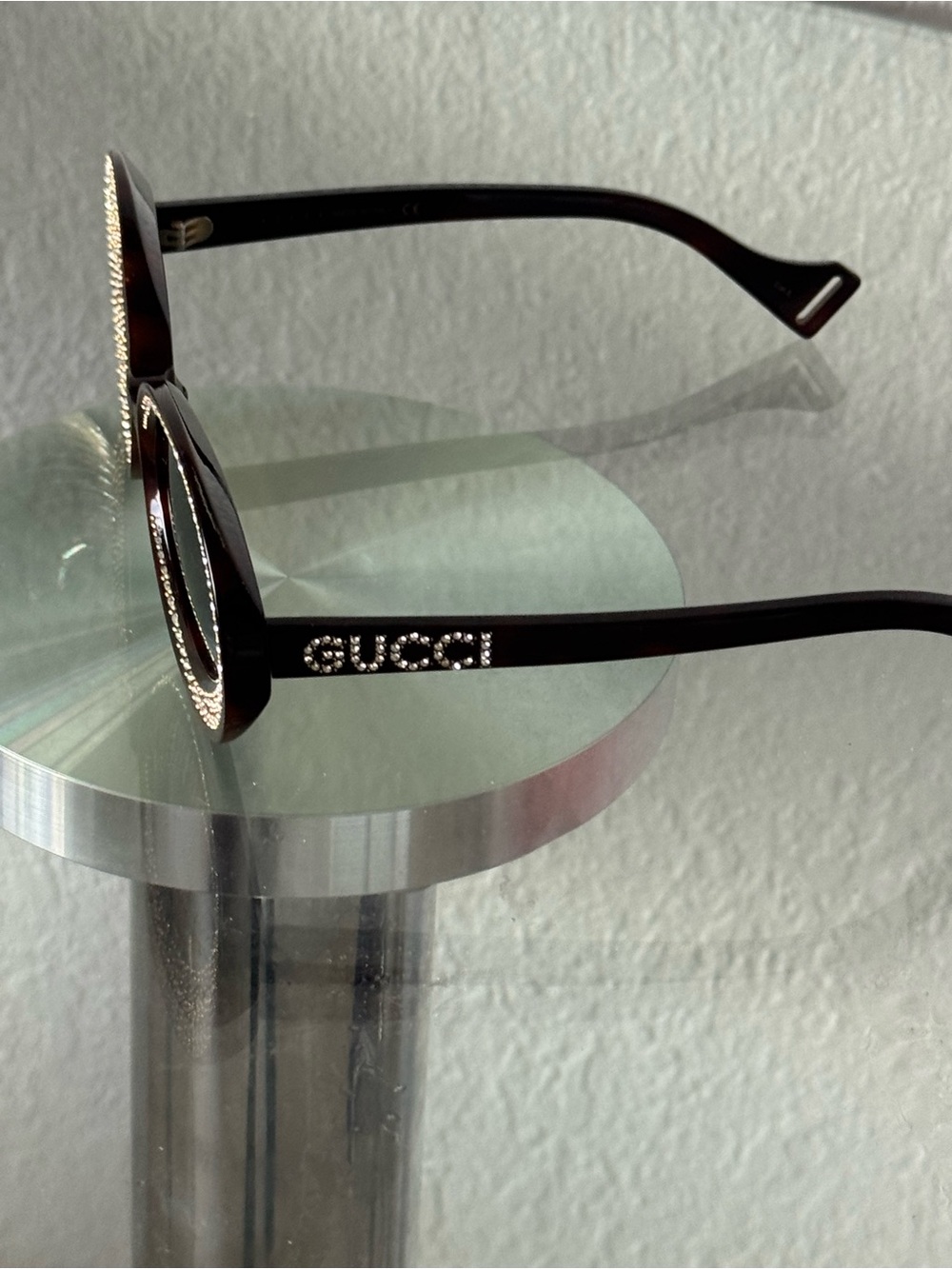 Authentic Gucci Brown Oval Sunglasses with Green Lenses and Crystal Trim - Picture 2 of 9